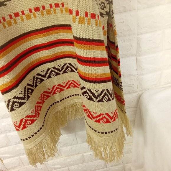 Vintage 70s-80s Aztec Southwestern Sweater Tunic Collar SSL Slits Fringe -10/12 - Picture 11 of 11